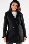 czarny dwurzędowy płaszcz damski krotki zapinany na guziki z pluszowego materiału na zimę.webp