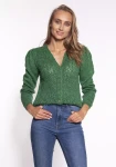 zielony kardigan damski o ażurowym splocie z bufkami na ramionach na wiosnę.webp