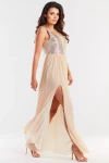 beżowa sukienka maxi z cekinową górą