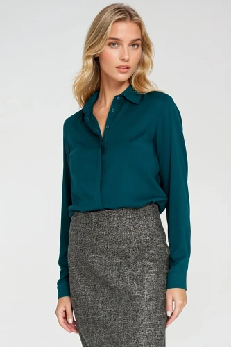 Szmaragdowa koszula z kołnierzykiem i ukrytym zapięciem na guziki..webp