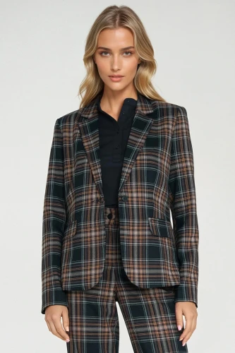 Damski żakiet w kratę zapinany na guzik, z wyrazistymi klapami i kieszeniami.webp